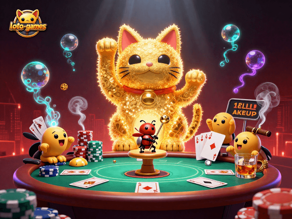 Engage with loto-games through a vibrant 3D illustration featuring a lucky cat and poker elements.