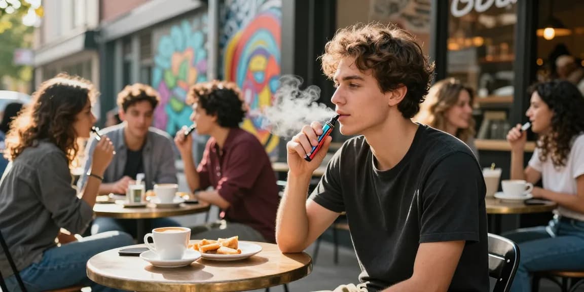 Young adult enjoying a thc vape outdoors at a lively cafe, surrounded by friends.