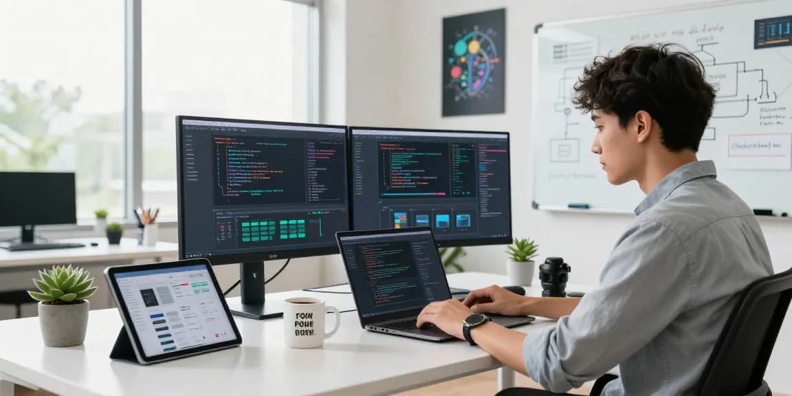 Build internal tools with AI in a modern workspace showcasing developers collaborating with technology.