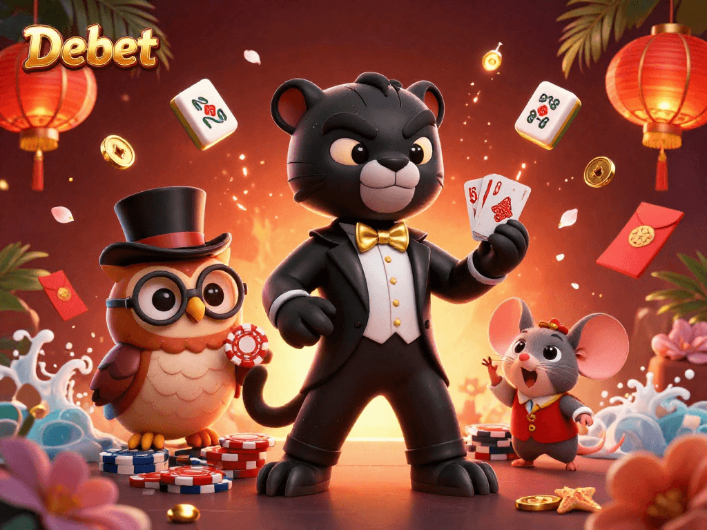 Engage in thrilling gameplay at Debet with a stylish panther dealer and cheerful characters in a vibrant casino setting.