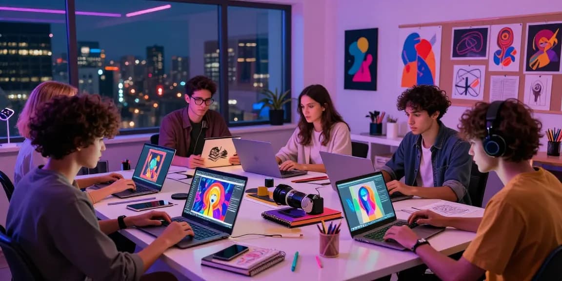 Creative digital art studio scene with young adults generating 18+ ai visuals.