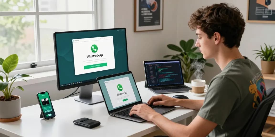 Tech developer downloading WhatsApp下載 on a laptop in a modern workspace.