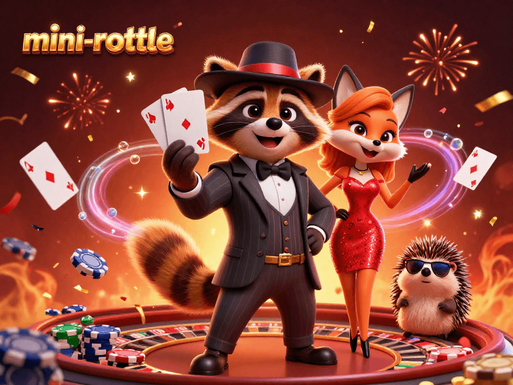 Experience the excitement of mini-roulette with 3D characters enjoying vibrant casino elements.