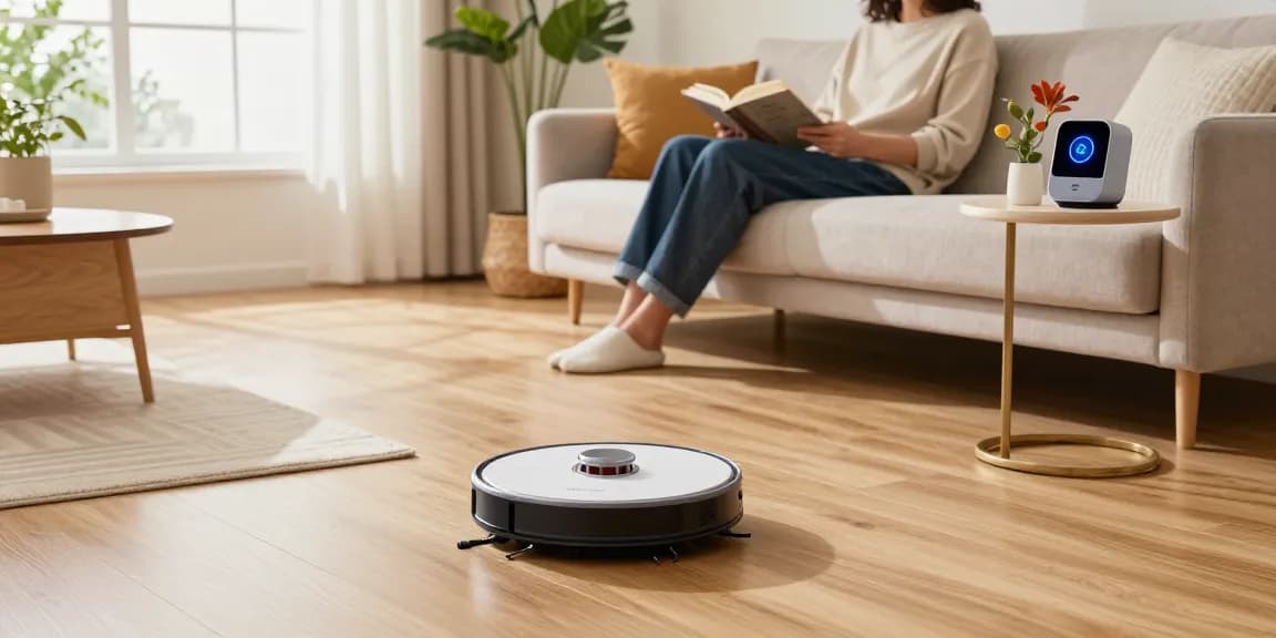 Efficient robot vacuum 2026 cleaning a modern living room while a person relaxes with a book.