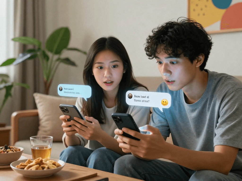 Young couple engaging in playful nsfw ai chat using smartphones in a cozy living room.