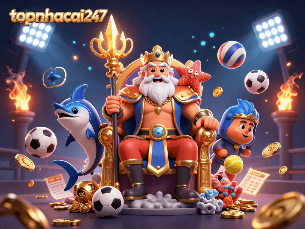 Engage in thrilling gameplay at topnhacai247 with an exciting scene of Neptune and samurai in a vibrant casino setup.