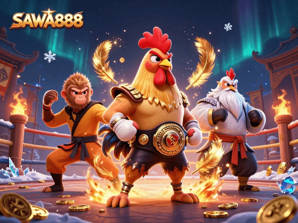 Engage in thrilling gameplay with SAWA888 as vibrant characters battle in a rich, casino-themed world.