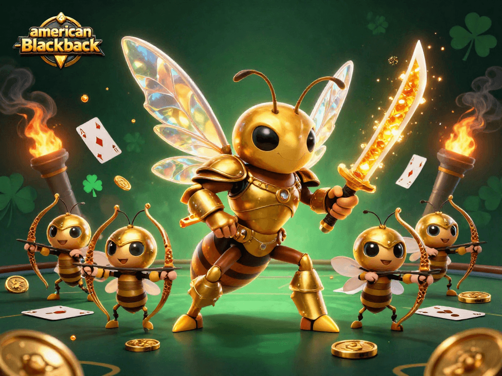 Join the excitement of american-blackjack with vibrant casino elements and dynamic characters in a festive setting.