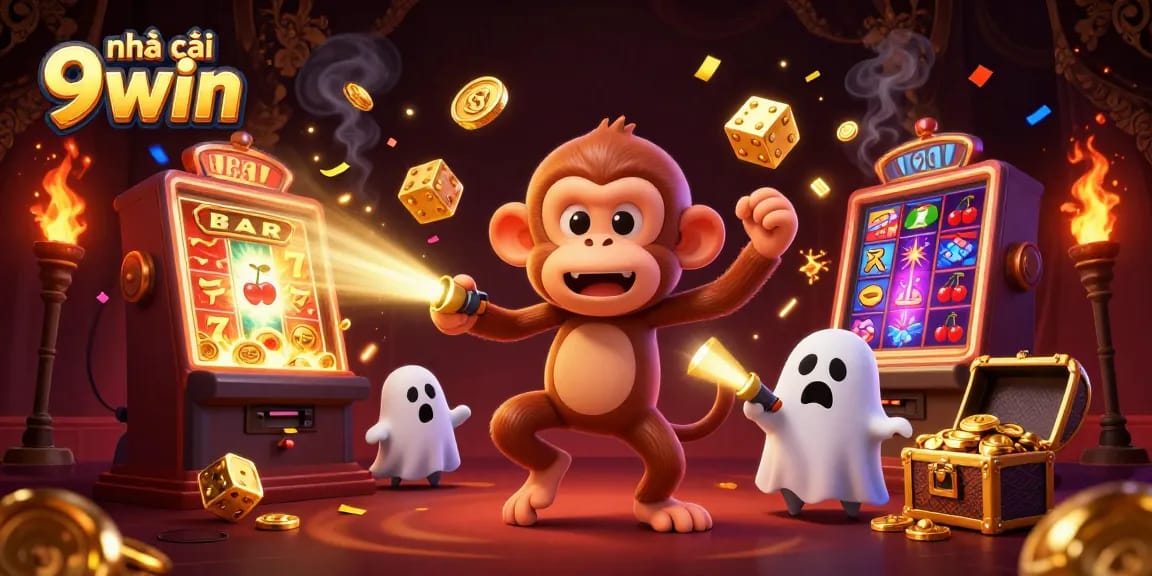 Engage with the vibrant action of nhà cái 9win as a poltergeist monkey juggles casino treasures in a haunted setting.
