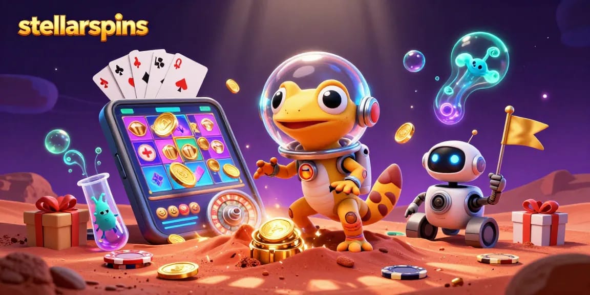 Engage with stellarspins' vibrant casino world, featuring dynamic gaming elements and whimsical characters.