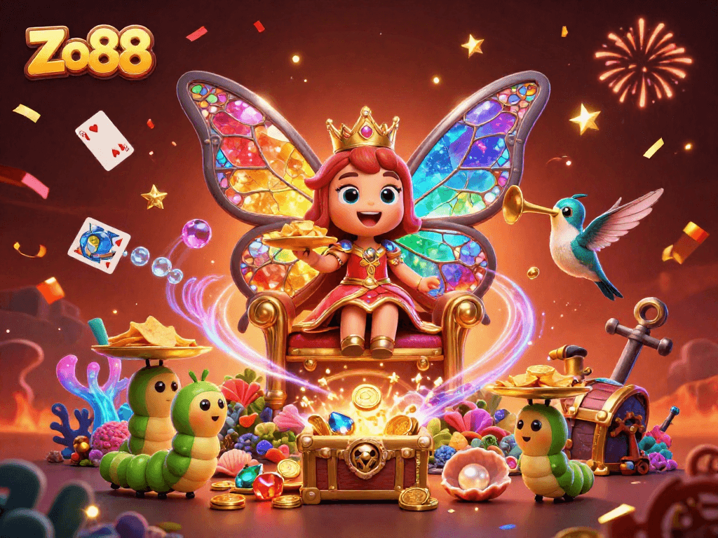 Experience the vibrant world of Zo88 with an underwater casino featuring gold coins, gems, and festive characters.