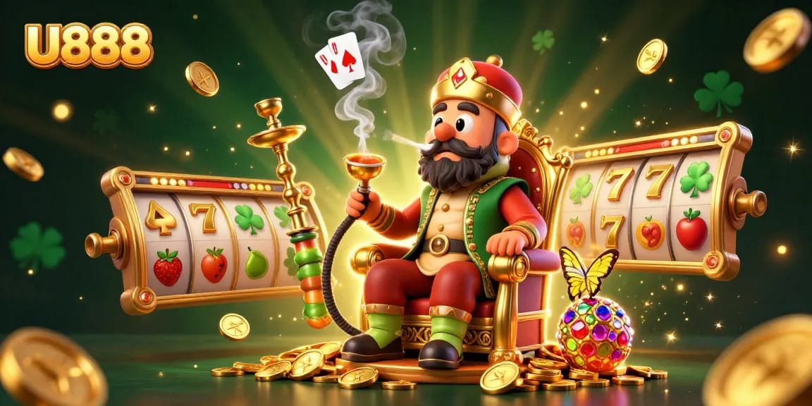 Experience U888's vibrant casino atmosphere with thrilling slot reels and golden symbols.