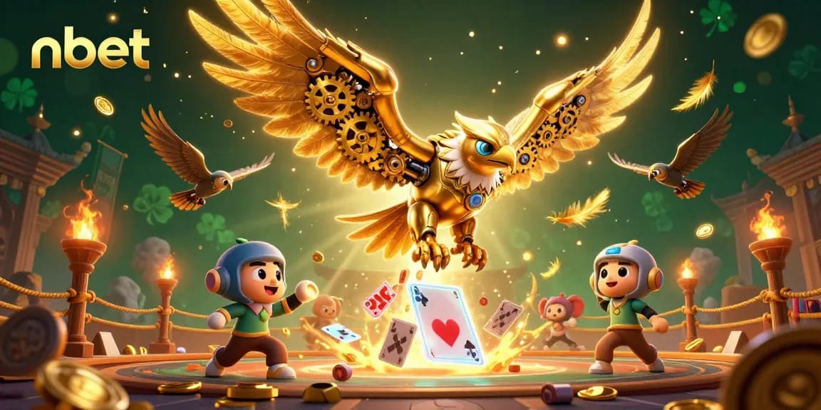 Experience thrilling nbet action with a cybernetic eagle amidst vibrant casino elements.