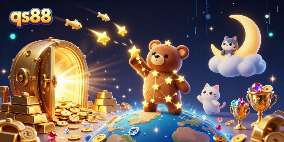 qs88 players enjoy a vibrant 3D scene with whimsical characters gathering coins and treasures.