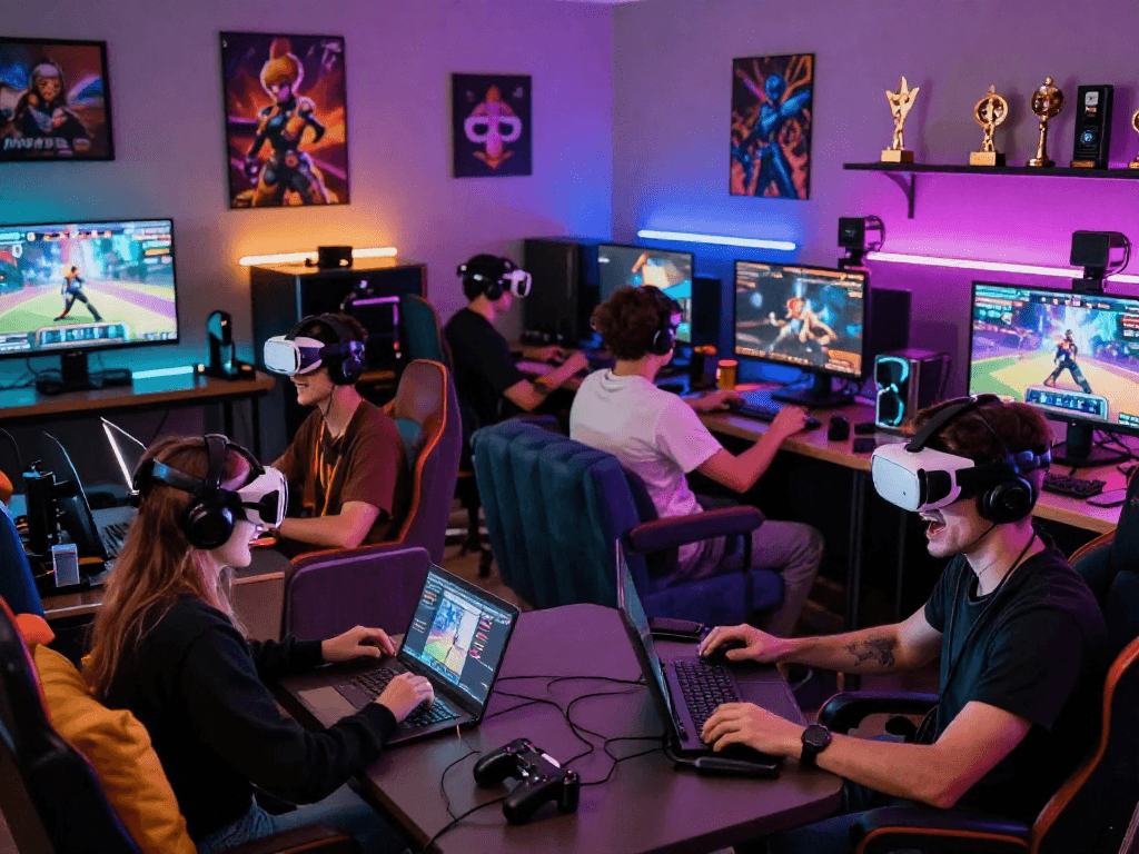 Gamer enjoying an immersive porn game experience in a modern lounge setting