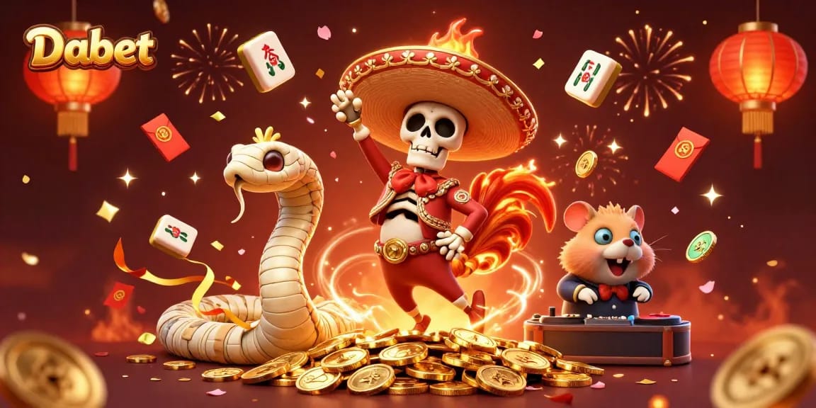 Dabet engages players with a vibrant online casino atmosphere featuring festive characters and gold confetti.