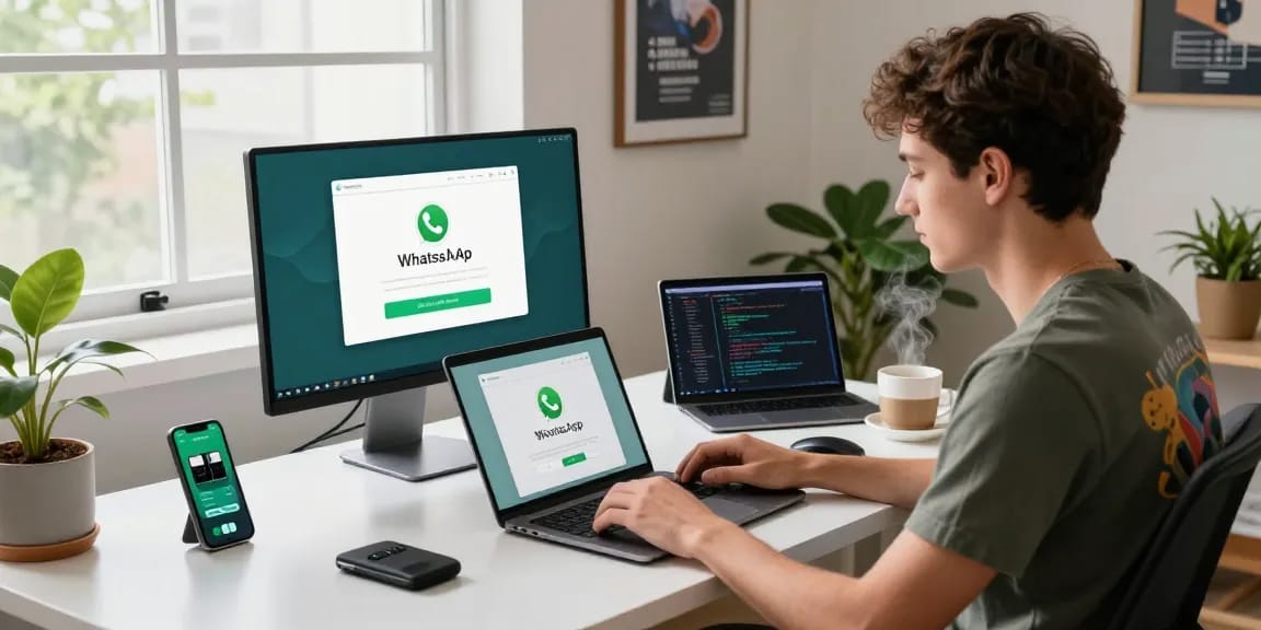 Tech developer downloading WhatsApp下載 on a laptop in a modern workspace.