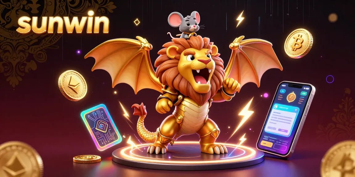 Experience the thrill of sunwin casino with a dynamic 3D chimera battling amidst glowing crypto coins and vibrant visuals.