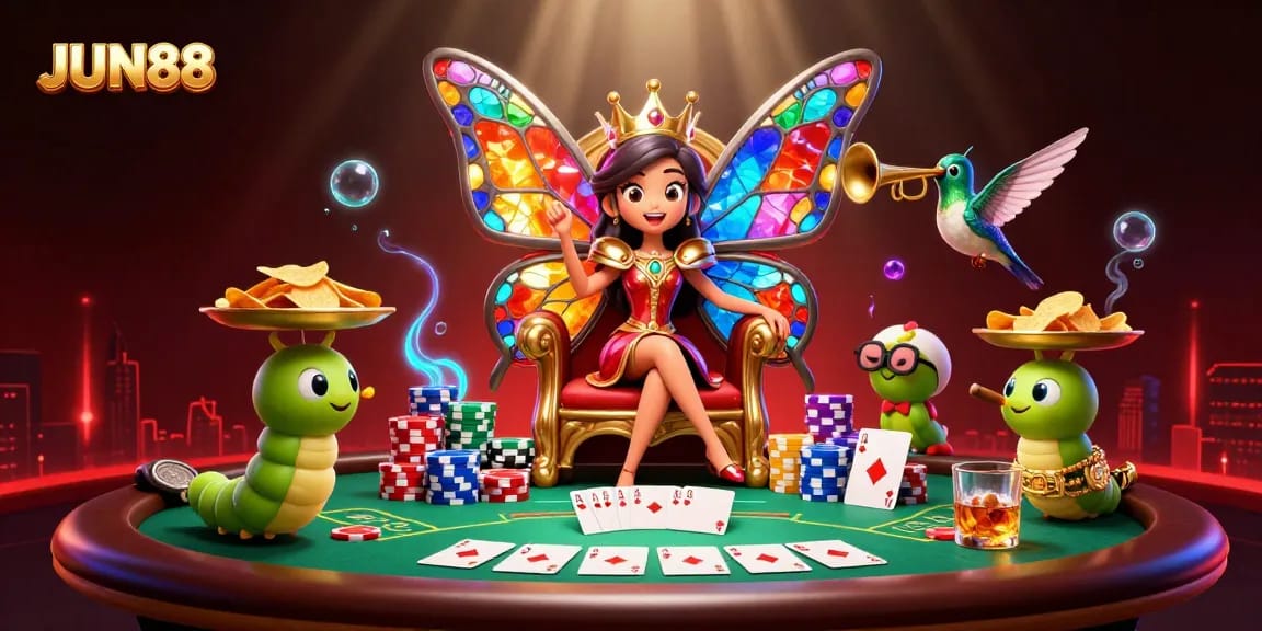 Experience the excitement of JUN88 with vibrant casino elements and majestic butterfly queen.