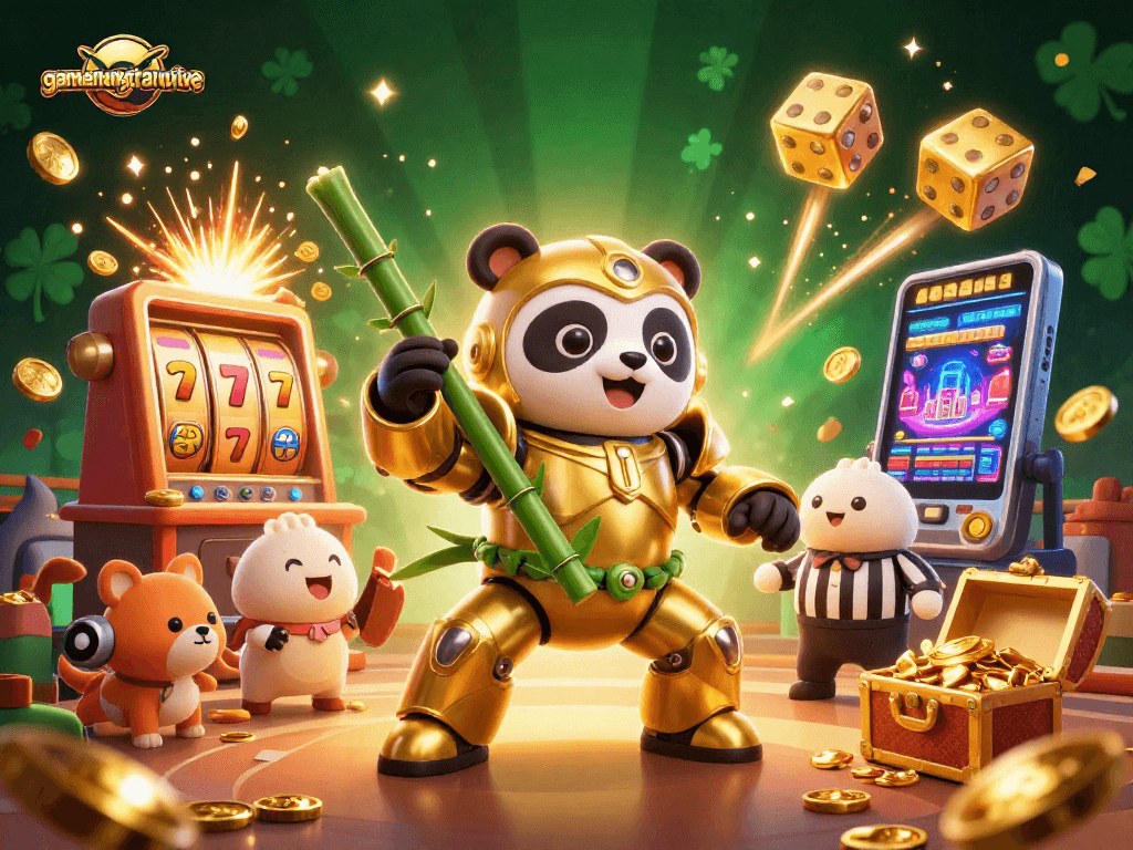 Engage with gamenongtraivuive as a golden panda battles in a vibrant casino arena.
