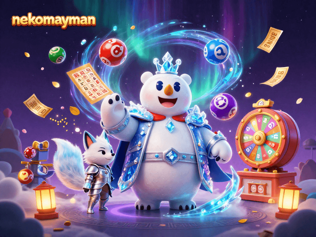 Experience the excitement of nekomayman with a vibrant 3D illustration featuring magical casino elements.