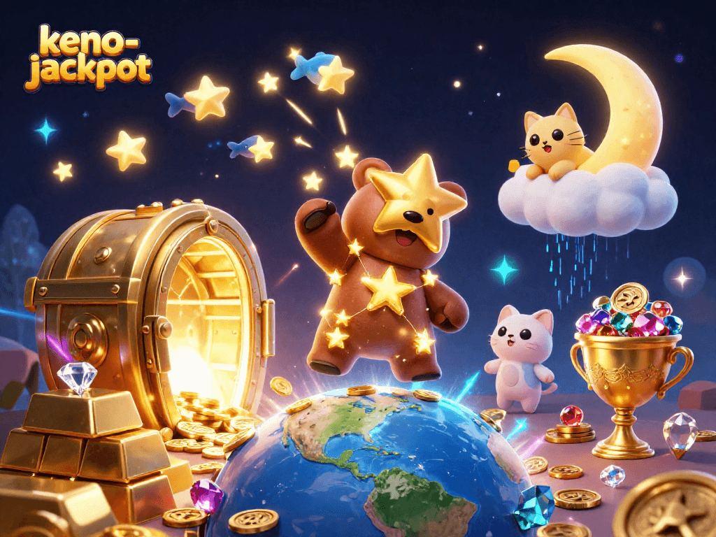 Experience the thrill of keno-jackpot with golden treasures and lucky stars in this captivating illustration.