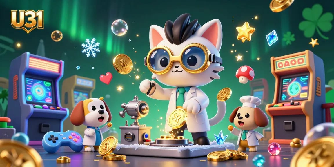 Play exciting games on U31 with the mad scientist and his assistant in this vibrant casino scene.