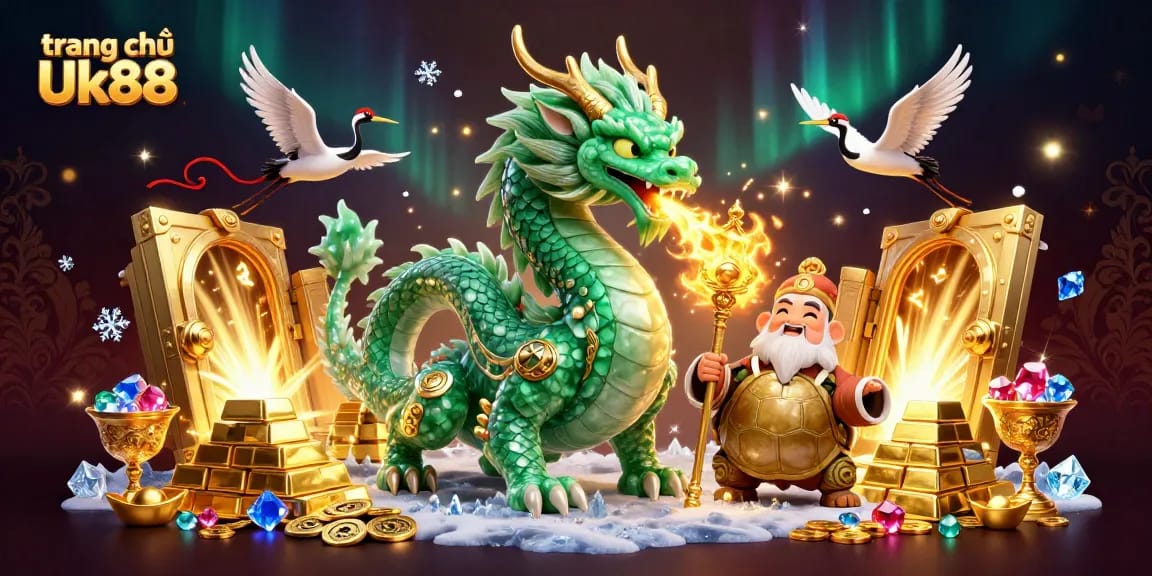 Experience the exciting world of trang chủ Uk88 with a dynamic 3D illustration of mythical creatures and casino riches.