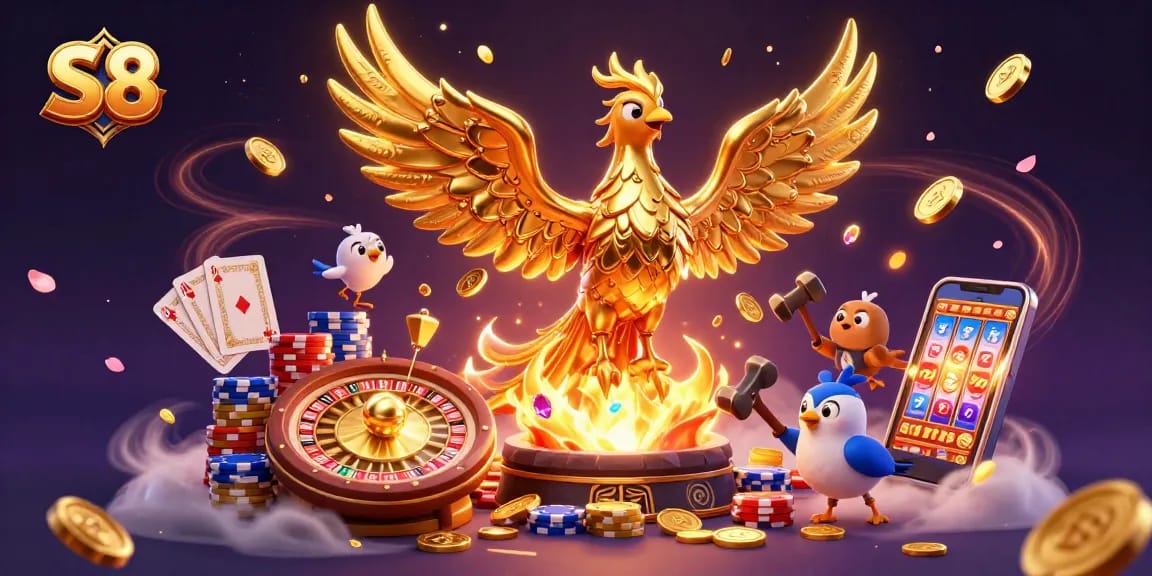 S8 captivates players with a vibrant 3D casino scene featuring a molten phoenix and golden coins
