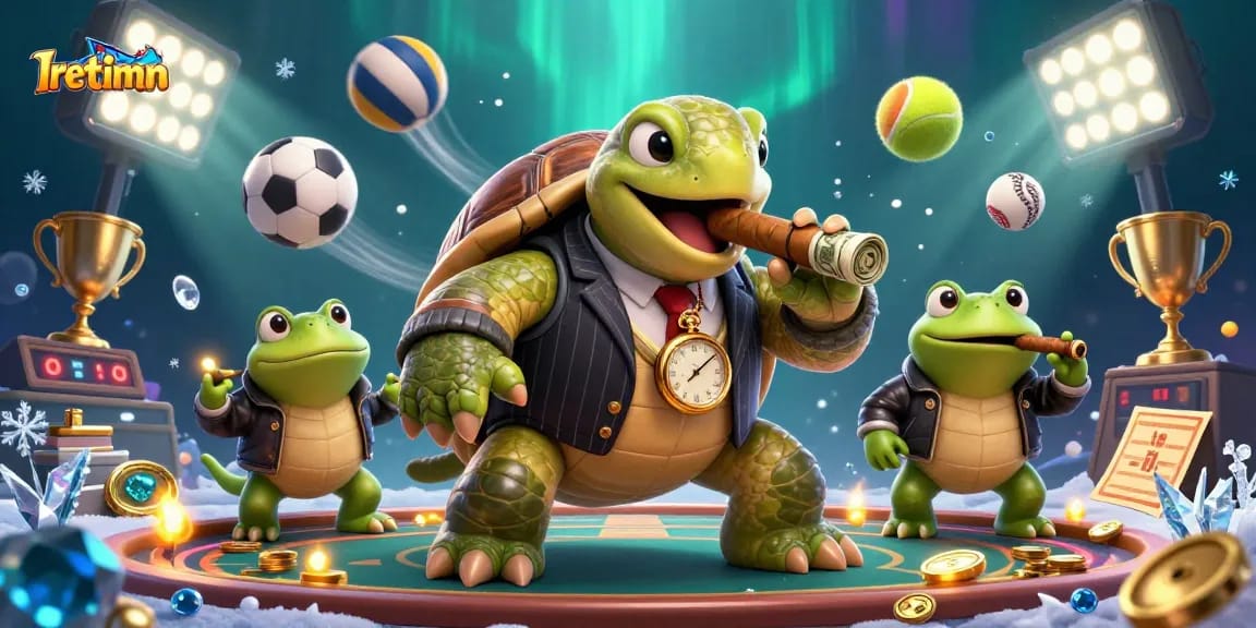 Iretimn showcases a vibrant betting scene with a snapping turtle mobster and bullfrog enforcers amidst sports elements.