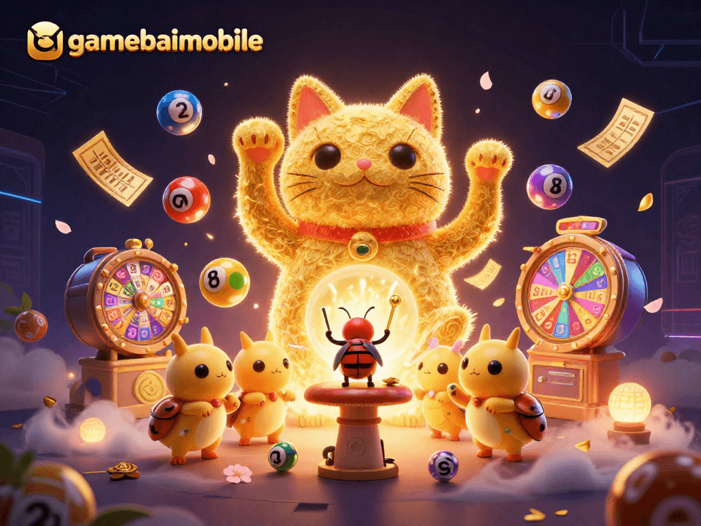 gamebaimobile showcases a vibrant 3D scene with a lucky cat and dynamic lottery elements.