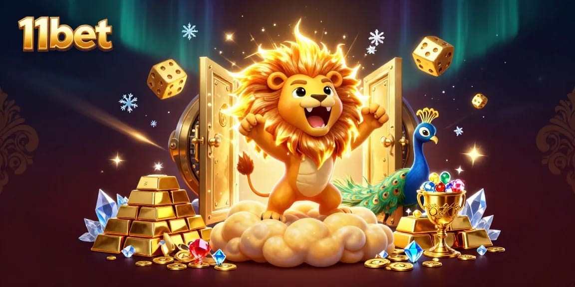 11bet shows a sun lion surrounded by golden dice and treasure, celebrating winning moments.