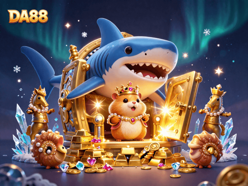 Experience thrilling gaming at DA88 with vibrant 3D casino elements and majestic characters.