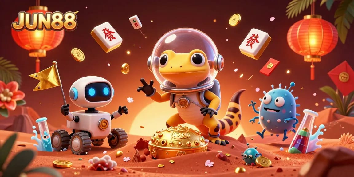 Engage in thrilling gameplay at JUN88 with a vibrant casino atmosphere showcasing a Martian gecko's discovery.