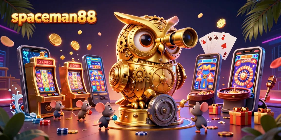 Spin to win with spaceman88 in this vibrant 3D casino illustration packed with exciting gaming elements.