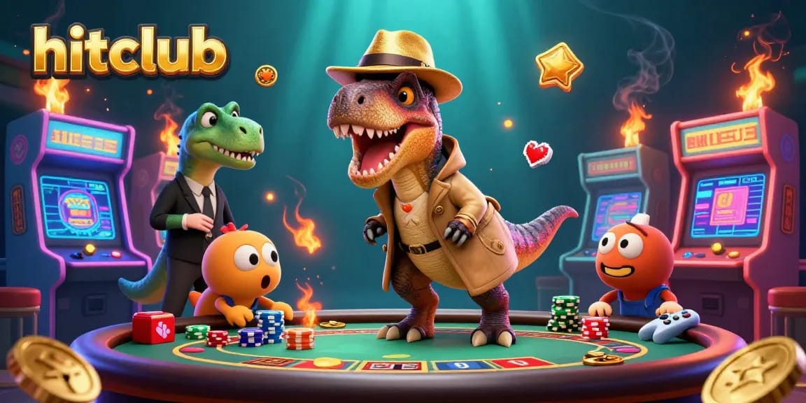 Join hitclub's lively gaming scene with a velociraptor, stegosaurus, and compy at a blackjack table.