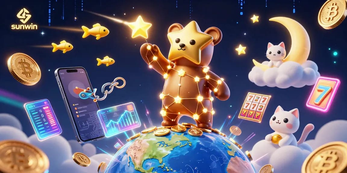 Sunwin offers a vibrant gaming experience with a 3D constellation bear, coins, and slot elements.