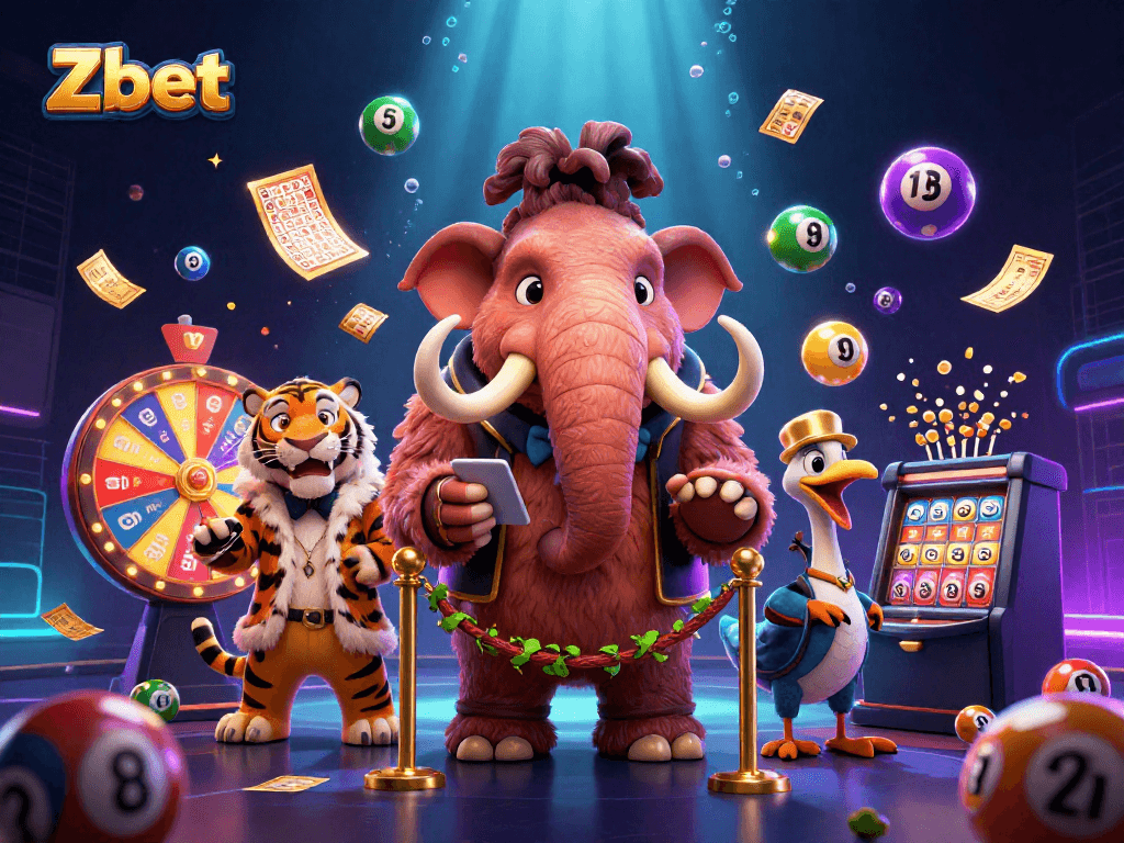Zbet offers vibrant lottery gameplay with a bouncer character, energetic scene filled with dynamic elements.