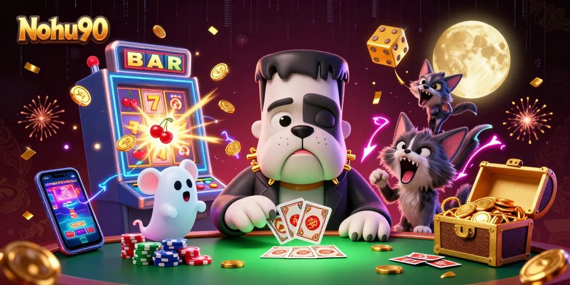 Nohu90 offers an exciting jackpot scene with a Frankenstein bulldog, ghost mouse, and werewolf kitten playing cards.