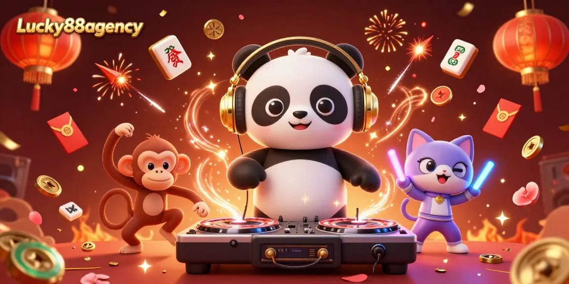 Engage with Lucky88agency in a vibrant 3D casino scene featuring a DJ panda, dancing monkey, and rave kitten.
