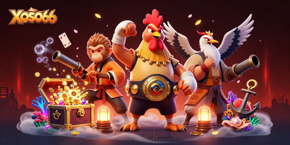 XOSO66 brings thrilling action featuring a fierce rooster, Shaolin monkey, and wise crane amidst an explosive treasure scene.