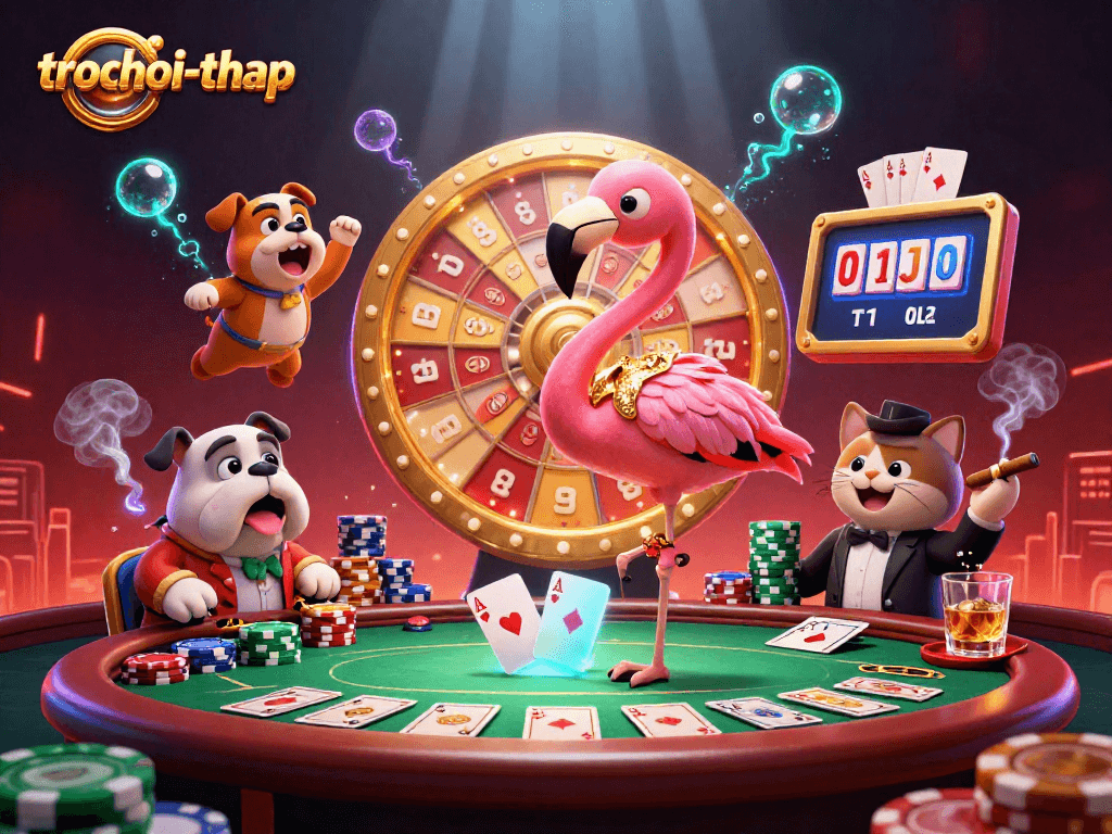 Engage in thrilling trochoi-thap gameplay with vibrant 3D characters and casino elements.