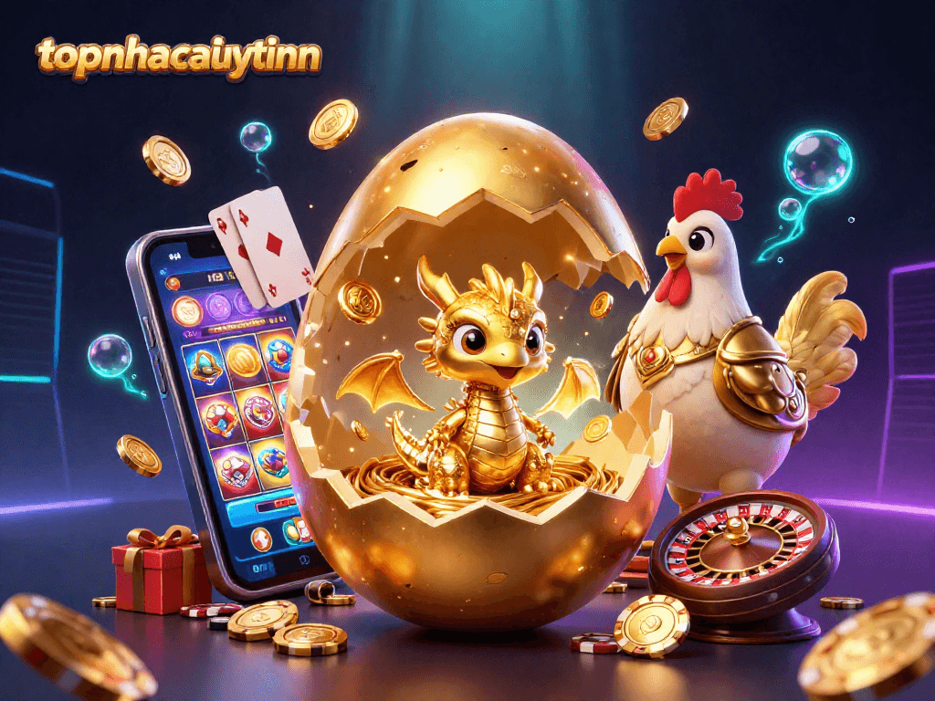 Engage with topnhacaiuytinn's thrilling illustration of a golden dragon on poker chips amid a festive casino scene.