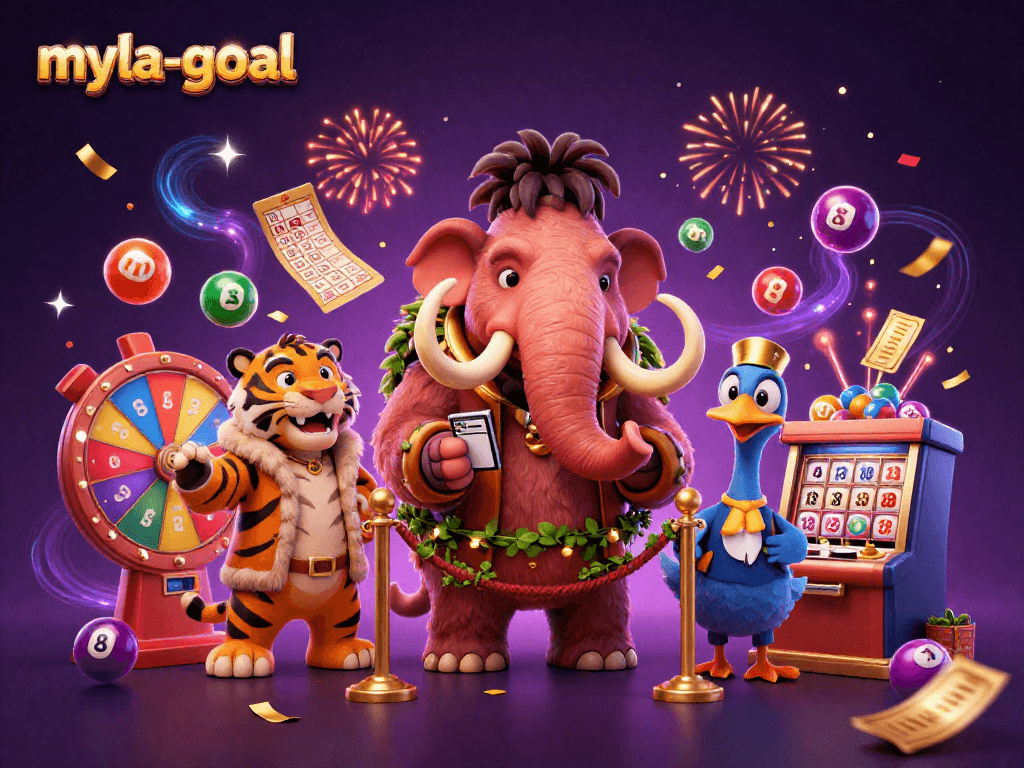 Myla-goal showcases a vibrant casino scene with a woolly mammoth bouncer and dynamic lottery elements.
