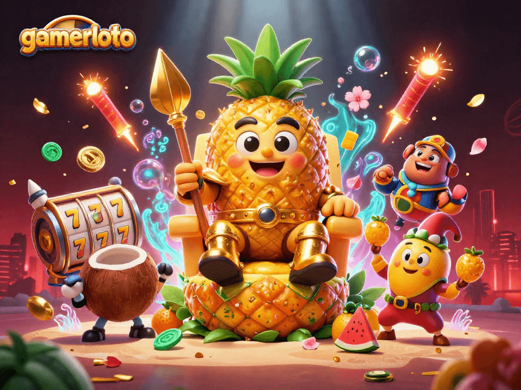 Experience gamerloto's exciting slot scene with a vibrant golden pineapple king and dynamic casino elements.