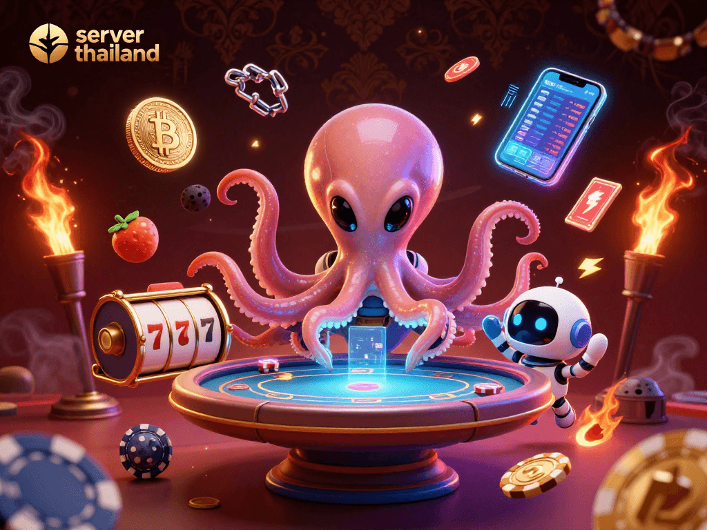 Engage with the thrilling action of slot games on server thailand, featuring an alien octopus and dynamic casino elements.