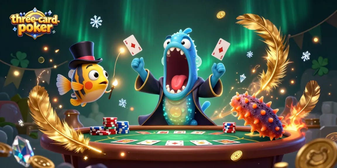 Experience three-card-poker with captivating characters in a magical casino scene full of action.