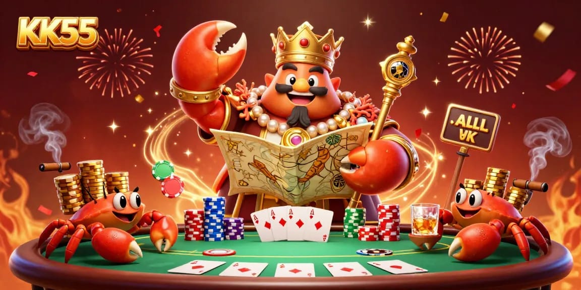 Engage with KK55's thrilling poker action featuring a golden crab emperor and vibrant game elements.