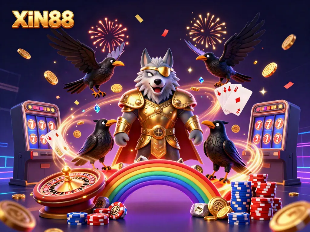XIN88 captures the thrill of gaming with Odin and ravens amid casino elements.