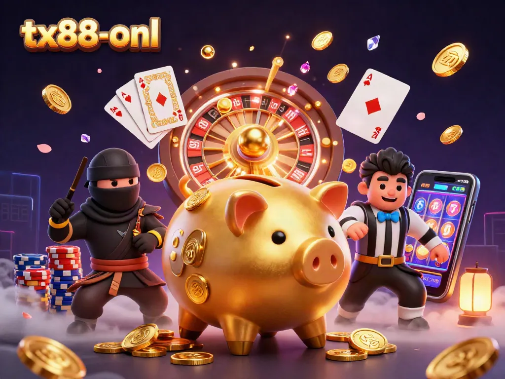 Experience the excitement of tx88-onl with a lively scene showcasing gambling characters and casino elements.